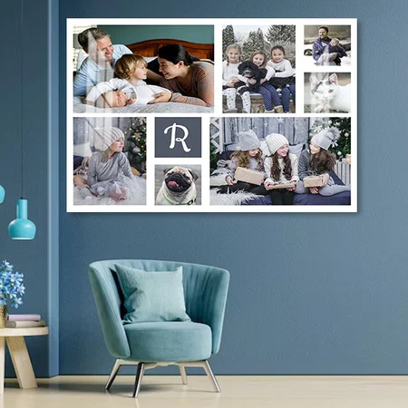 Family Photo Collage Monogrammed 7 Pictures White Customized Photo Printed Rectangle Horizontal Acrylic Photo Frame