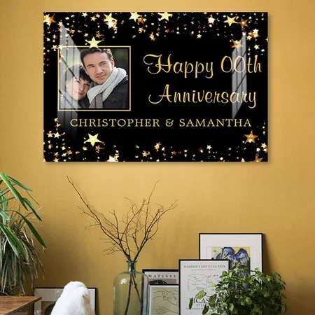 Happy Any Anniversary Black Gold Stars Photo Customized Photo Printed Rectangle Horizontal Acrylic Photo Frame