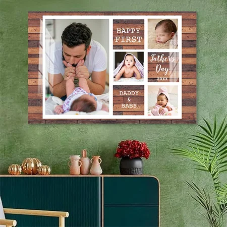 Happy First Father's Day Wood 4 Photo Collage Customized Photo Printed Rectangle Horizontal Acrylic Photo Frame