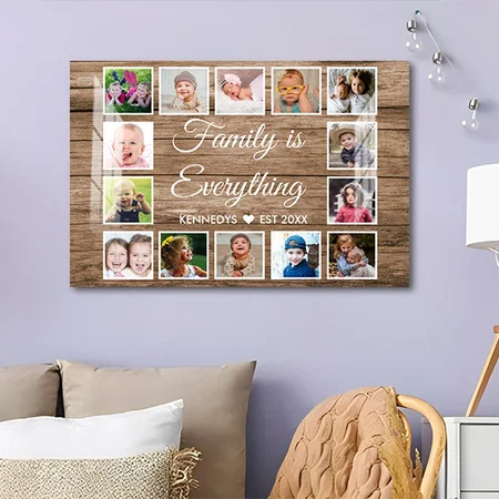 Rustic Wood 14 Photo Collage Family Name Quote Customized Photo Printed Rectangle Horizontal Acrylic Photo Frame