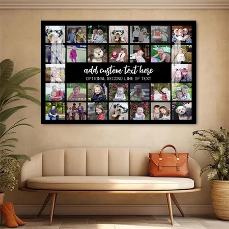 30 Photo Collage Grid - 2 Text Boxes - Black White Customized Photo Printed Rectangle Horizontal Acrylic Photo Frame
