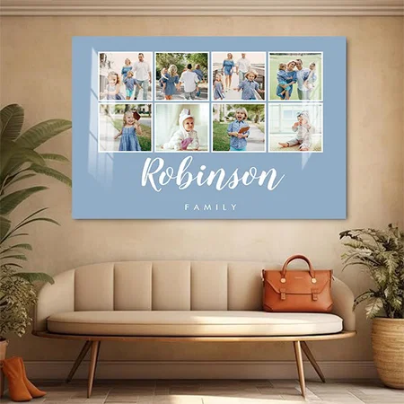 Monogrammed 8 Photo Family Collage Light Blue Customized Photo Printed Rectangle Horizontal Acrylic Photo Frame