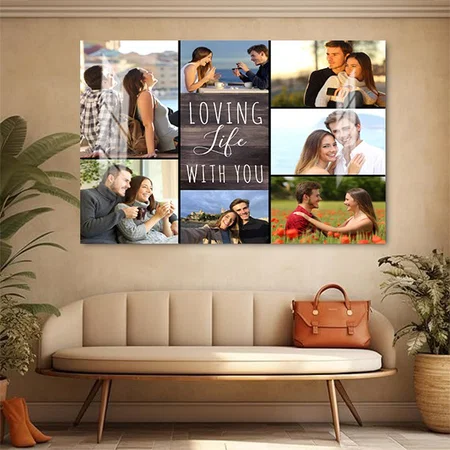 Loving Life with You 7 Photo Collage - Rustic Wood Customized Photo Printed Rectangle Horizontal Acrylic Photo Frame