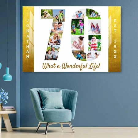 Number 70 Photo Collage 70th Birthday Gold & White Customized Photo Printed Rectangle Horizontal Acrylic Photo Frame