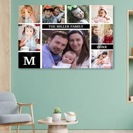 Custom 8 Photo Collage Family Name Monogram Black Customized Photo Printed Rectangle Horizontal Acrylic Photo Frame