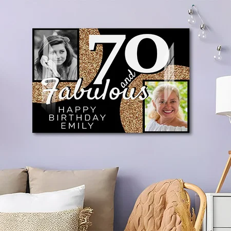 70 and Fabulous Gold Glitter 2 Photo Birthday Customized Photo Printed Rectangle Horizontal Acrylic Photo Frame