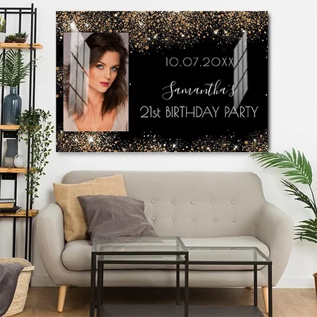 Birthday Black Gold Photo Glitter Customized Photo Printed Rectangle Horizontal Acrylic Photo Frame