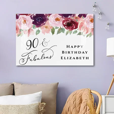 Elegant Floral Burgundy Pink 90th Birthday Party Customized Photo Printed Rectangle Horizontal Acrylic Photo Frame