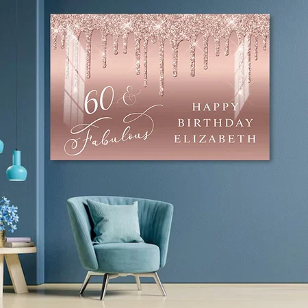 Rose Gold Glitter 60th Birthday Party Welcome Customized Photo Printed Rectangle Horizontal Acrylic Photo Frame