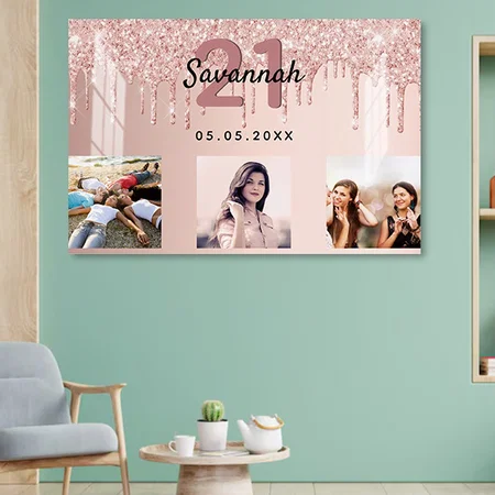Birthday Party Custom Photo Rose Gold Pink Glitter Customized Photo Printed Rectangle Horizontal Acrylic Photo Frame