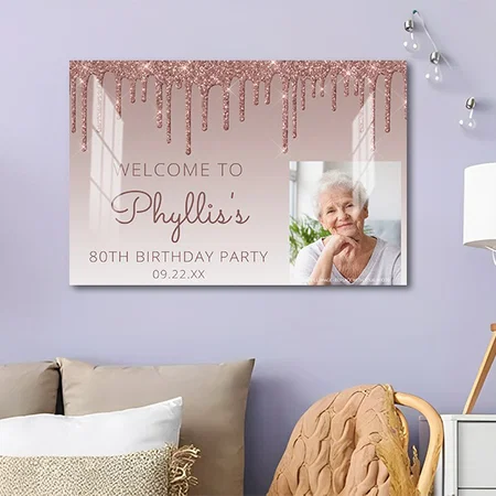 Custom Photo Rose Gold 80th Birthday Welcome Customized Photo Printed Rectangle Horizontal Acrylic Photo Frame