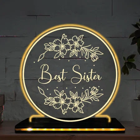 Best Sister Ever Customized Circle Photo Printed Acrylic Table Frame Lamp with LED Base - 6 x 6 Inches