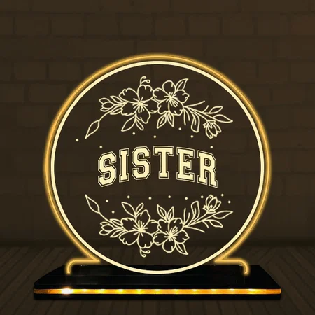 Sister Customized Circle Photo Printed Acrylic Table Frame Lamp with LED Base - 6 x 6 Inches