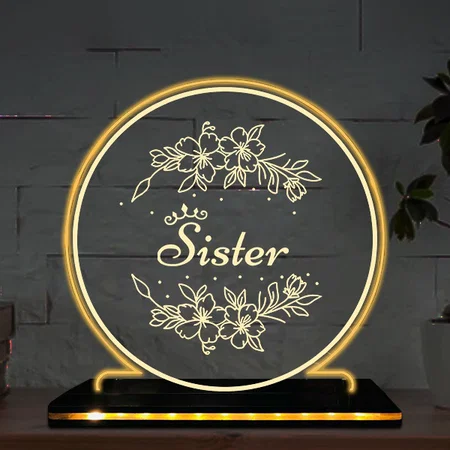 Sister Customized Circle Photo Printed Acrylic Table Frame Lamp with LED Base - 6 x 6 Inches