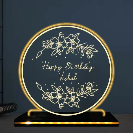 Happy Birthday Customized Circle Photo Printed Acrylic Table Frame Lamp with LED Base - 6 x 6 Inches