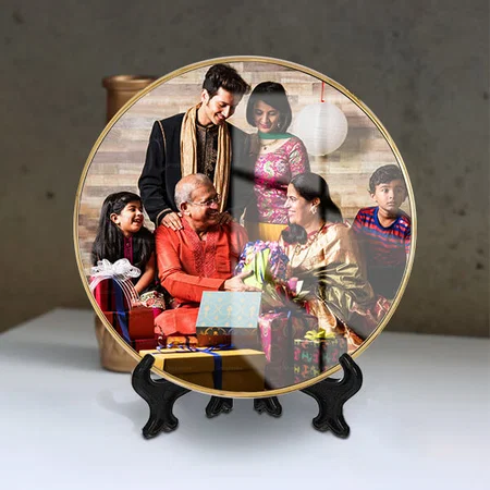 Circle with Golden Border Customized Acrylic Photo Table Frame - 8 Inches