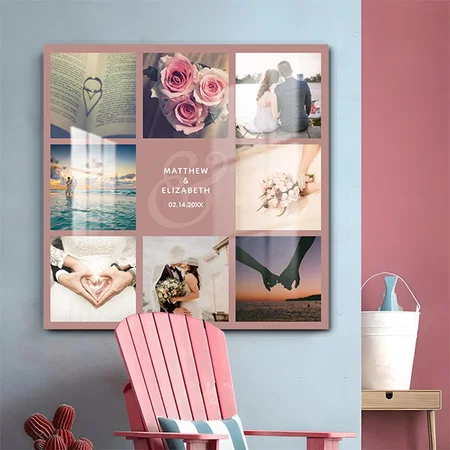 Modern Rustic Pink Ampersand Wedding Photo Collage  Customized Printed Square Acrylic Photo Frame