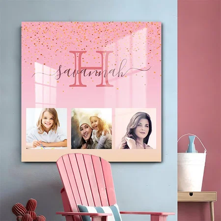 Pink Rose Gold Photo Collage Monogram Name Customized Printed Square Acrylic Photo Frame