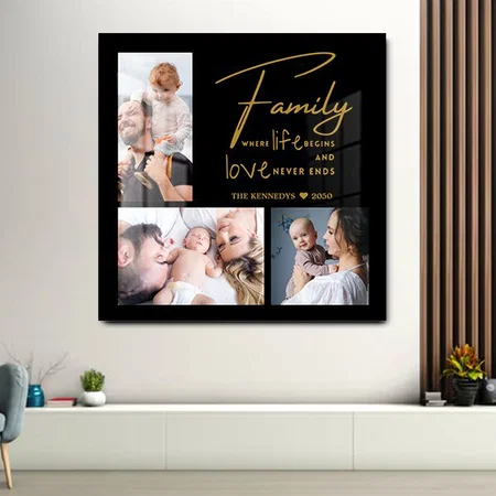 3 Photo Collage Family Quote Black And Gold Customized Printed Square Acrylic Photo Frame