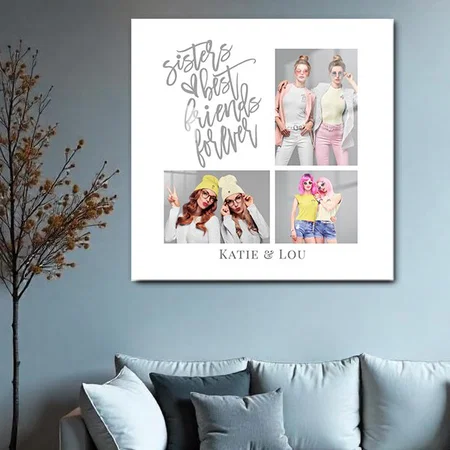 Sisters Best Friends Forever Gray script 3 Photos Customized Printed Square Acrylic Photo Frame