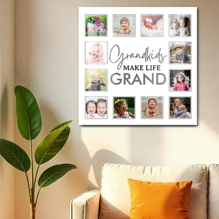 Grandkids Make Life Grand Gray 12 Photo Collage Customized Printed Square Acrylic Photo Frame