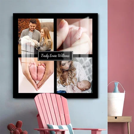 Baby Four Photos Collage Script Name Customized Printed Square Acrylic Photo Frame