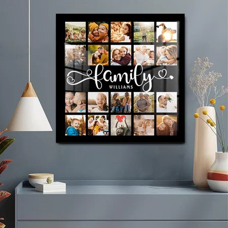 Modern Family Script 20 Photo Collage Chic Black Customized Printed Square Acrylic Photo Frame