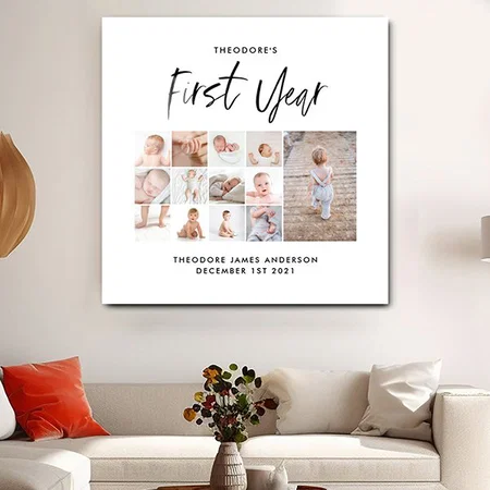 Babies First Year Photo Collage Script Black White Customized Printed Square Acrylic Photo Frame