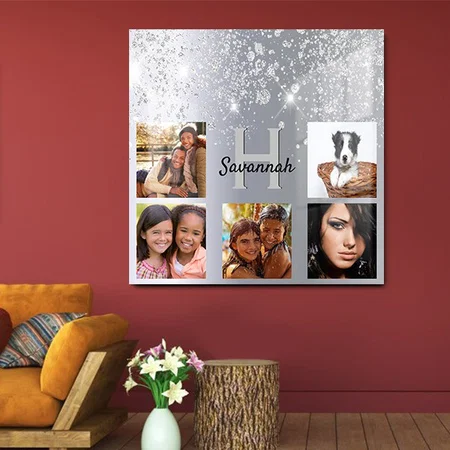 Silver Glitter Dust Photo Collage Monogram Customized Printed Square Acrylic Photo Frame