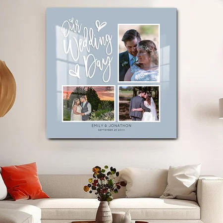 Our Wedding Day 3 Photo Collage Script Dusty Blue Customized Printed Square Acrylic Photo Frame