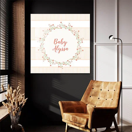 Nursery Decor Floral Wreath Coral Shades Name Customized Printed Square Acrylic Photo Frame