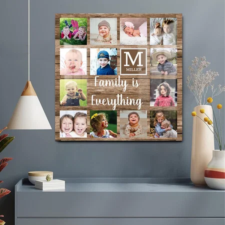 Rustic Wood 13 Photo Collage Family Monogram Customized Printed Square Acrylic Photo Frame