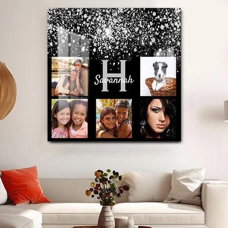 Black silver glitter custom photo collage monogram Customized Printed Square Acrylic Photo Frame