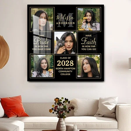 Elegant Black Gold 5 Photo Collage Graduation Customized Printed Square Acrylic Photo Frame