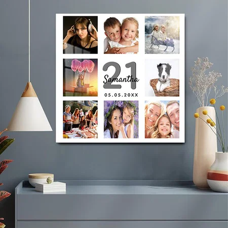21st birthday custom photo collage white monogram Customized Printed Square Acrylic Photo Frame