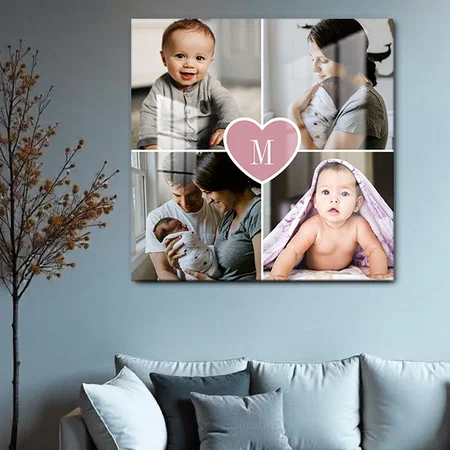 Custom Monogram Family Photo Collage Pink Heart Customized Printed Square Acrylic Photo Frame