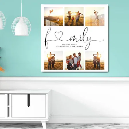 Black & White Heart Script 6 Photo Family Collage Customized Printed Square Acrylic Photo Frame