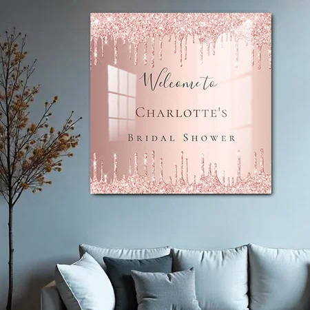 Bridal Shower Rose Gold Glitter Themed Customized Printed Square Acrylic Photo Frame