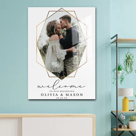 Gold Geometric Frame Script Wedding Welcome Customized Printed Rectangle Vertical Acrylic Photo Frame