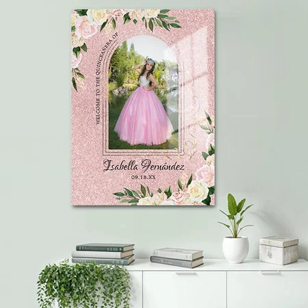 Blush Pink Glitter | Floral Quincea?era Welcome Customized Printed Rectangle Vertical Acrylic Photo Frame