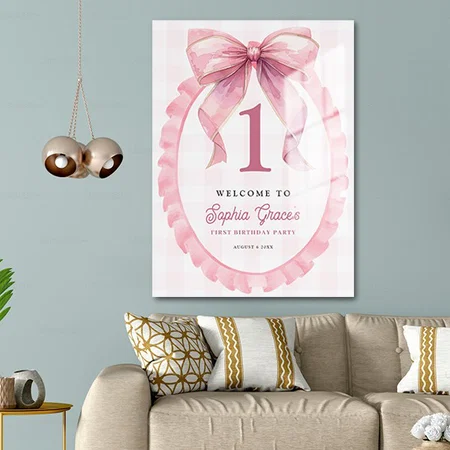 Cute Pink Bow Coquette 1st Birthday Welcome Customized Printed Rectangle Vertical Acrylic Photo Frame