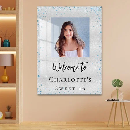 Birthday Party Silver Blue Glitter Photo Welcome Customized Printed Rectangle Vertical Acrylic Photo Frame