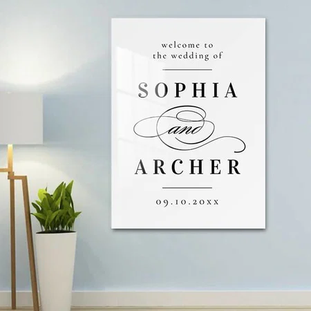 Elegant Script Black and White Wedding Welcome Customized Printed Rectangle Vertical Acrylic Photo Frame