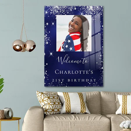 Birthday Blue Silver Glitter Photo Welcome Customized Printed Rectangle Vertical Acrylic Photo Frame