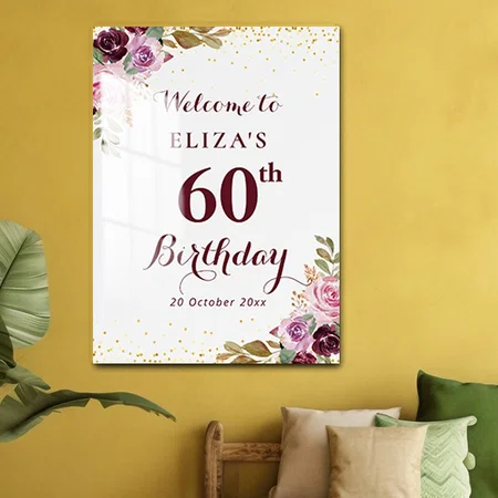Purple Flowers 60th Birthday Party Welcome Sign Customized Printed Rectangle Vertical Acrylic Photo Frame