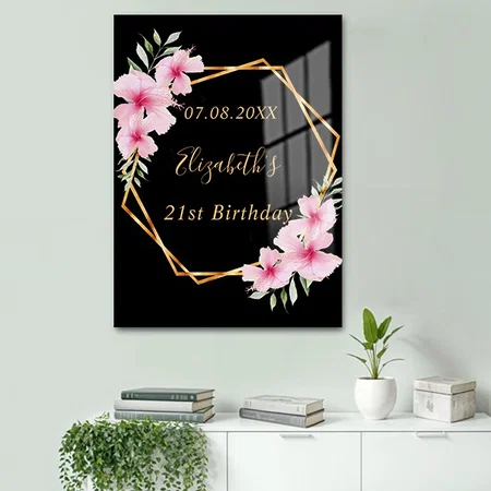 Black Pink Florals Gold Geometric Birthday Customized Printed Rectangle Vertical Acrylic Photo Frame