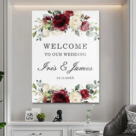 Rustic Burgundy Ivory Floral Wedding Welcome Customized Printed Rectangle Vertical Acrylic Photo Frame