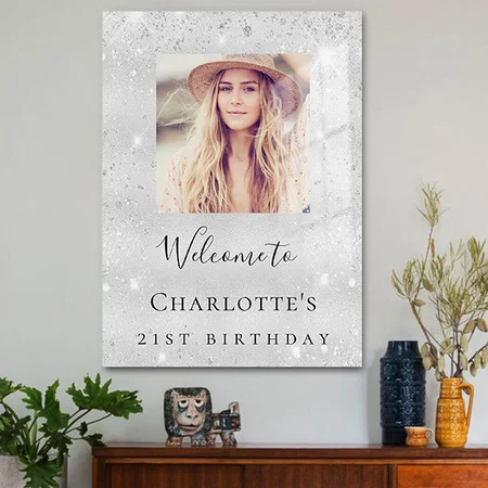 Birthday Party Silver Glitter Photo Name Welcome Customized Printed Rectangle Vertical Acrylic Photo Frame