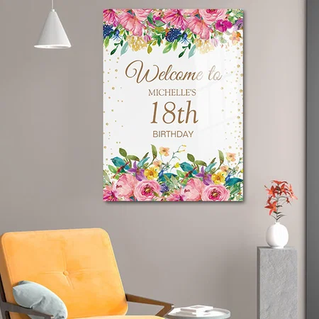 Pink Yellow Floral 18th Birthday Customized Printed Rectangle Vertical Acrylic Photo Frame