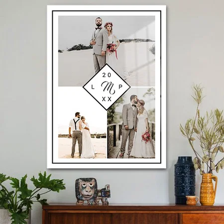 Classic Monogram 3 Photo Grid Collage Wedding Customized Printed Rectangle Vertical Acrylic Photo Frame